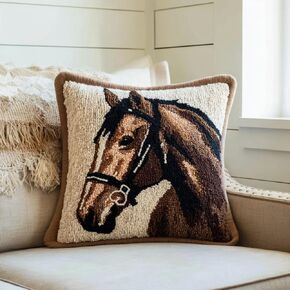 Latch Hook Pillow Kit Black Horse with Pre-Printed Pillow Cover DIY Pillowcase Crochet Yarn Hooking Craft Set for Hobby and Home Decor 43x43cm-2 in Kuwait