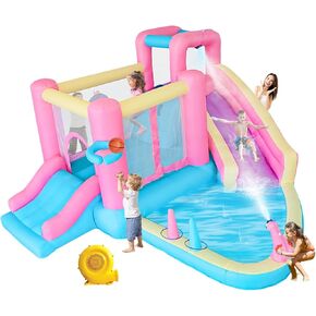Bestsun Inflatable Water Slide for Kids, Bounce House with Slide, Pool, Water Cannon, Climbing Wall, Blower Included, Outdoor Summer Fun for Kids, 141x138x78 Inches, Pink in Kuwait