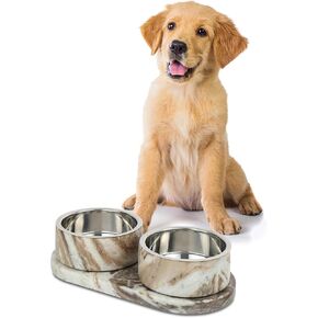 DBL1000C Marbre Small/Medium Modern Weighted Double Marble and Stainless Steel Bowl 12oz (1.5 Cups) Feeder with Non-Slip Marble Tray Set, Beige/Gray in Saudi Arabia