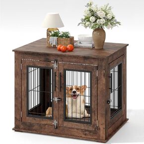 Farmhouse Dog Crate Furniture End Table - Heavy Duty Wooden Kennel Cabinet with Double Doors for Small/Medium Dogs, Rustic Brown Indoor Dog House Furniture Console for Living Room in Kuwait