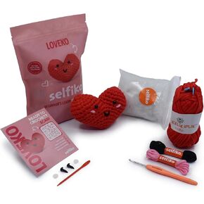 مجموعة Selfiko Crochet للمبتدئين - حزمة Amigurumi للمبتدئين الكاملة مع حلقة سحرية تم تشغيلها مسبقًا، ودروس فيديو خطوة بخطوة وخيوط بسيطة - تعلم الكروشيه بسهولة (Loveko The Heart) in Kuwait