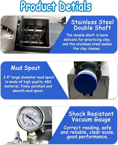 Banfluxion 220V Vacuum Pug Mill with Roller Conveyor, Stainless Steel Dual Shaft Clay Extruder & Mixer, 880 lb/h Capacity, 2.36" Outlet, w/Mud Table & Wheels for Professional Ceramics Studio in Kuwait