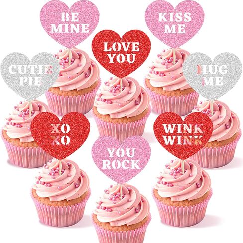24 PCS Happy Valentine's Day Cupcake Toppers | 8 Design Red Glitter Heart Cupcake Picks | Valentine Theme Birthday Cake Decorations Party SuppliesDecorations in Kuwait