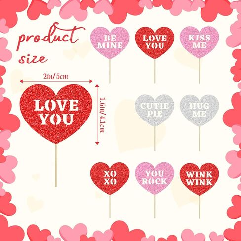 24 PCS Happy Valentine's Day Cupcake Toppers | 8 Design Red Glitter Heart Cupcake Picks | Valentine Theme Birthday Cake Decorations Party SuppliesDecorations in Kuwait