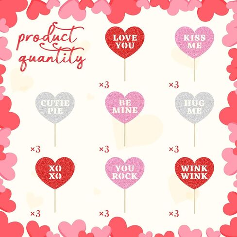 24 PCS Happy Valentine's Day Cupcake Toppers | 8 Design Red Glitter Heart Cupcake Picks | Valentine Theme Birthday Cake Decorations Party SuppliesDecorations in Kuwait