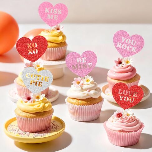 24 PCS Happy Valentine's Day Cupcake Toppers | 8 Design Red Glitter Heart Cupcake Picks | Valentine Theme Birthday Cake Decorations Party SuppliesDecorations in Kuwait