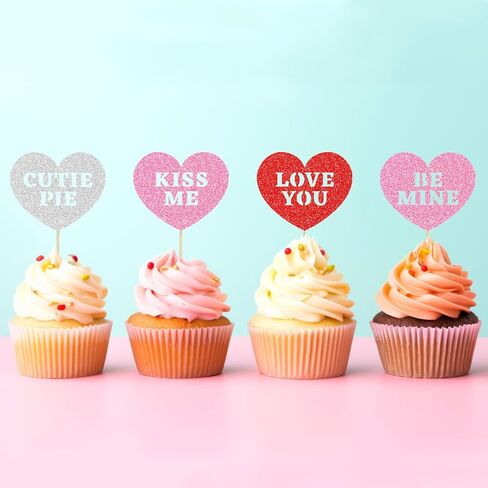 24 PCS Happy Valentine's Day Cupcake Toppers | 8 Design Red Glitter Heart Cupcake Picks | Valentine Theme Birthday Cake Decorations Party SuppliesDecorations in Kuwait
