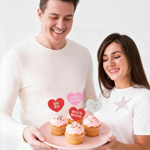 24 PCS Happy Valentine's Day Cupcake Toppers | 8 Design Red Glitter Heart Cupcake Picks | Valentine Theme Birthday Cake Decorations Party SuppliesDecorations in Kuwait