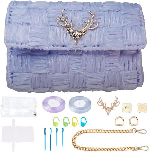 WEBEEDY Plastic Canvas Mesh Bag Kit DIY Knitting Purse Making Set with Plastic Canvas Sheets, Ribbons, Chains, Gold Decor, and Instruction, Complete Mesh Bag Making Kit for Unique Gift in Saudi Arabia