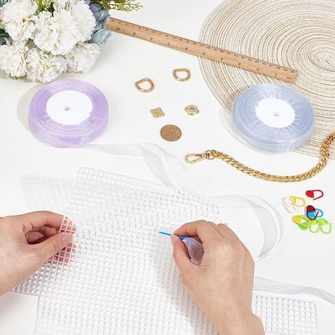 WEBEEDY Plastic Canvas Mesh Bag Kit DIY Knitting Purse Making Set with Plastic Canvas Sheets, Ribbons, Chains, Gold Decor, and Instruction, Complete Mesh Bag Making Kit for Unique Gift in Saudi Arabia