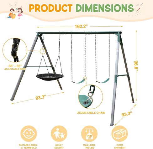700 lbs Swing Set Outdoor for Kids with Saucer Swing and Belt Swing, Metal Swingset with 3" Frame Stand and Adjustable Rope, Heavy Duty 8FT Sets for Backyard Playground, Ages 3+ in Saudi Arabia