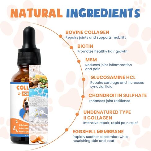 Collagen for Dogs,4.22oz (120ml) Liquid Collagen for Dogs,Enhances Joint Support,Flexibility,Cartilage and Mobility,Relieves Itching in Allergic,Liquid Drops Suitable for Cats and No Side Effects in Kuwait