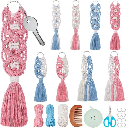 ACRNIGHEET 8 Set Macrame Keychain Kit Two Color Mix Boho Macrame Keychain for Adults Beginners Macrame and Knotting Craft Supplies with Instruction for Car Key Purse Phone Wallet Bag Charm in Saudi Arabia