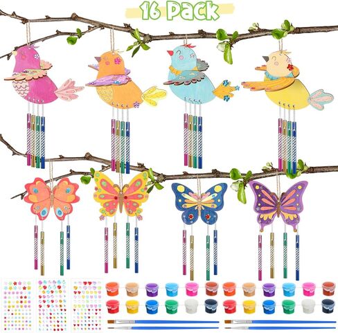 16 Pack DIY Wind Chime Kit for Kids 5.9'' Wooden Bird Butterfly Wind Chime Set with Paint Kit Rhinestone Glitter Heart Stickers Wooden DIY Arts for Crafts Spring Vbs Party School Birthday in Saudi Arabia