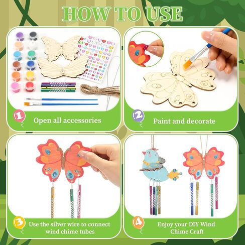 16 Pack DIY Wind Chime Kit for Kids 5.9'' Wooden Bird Butterfly Wind Chime Set with Paint Kit Rhinestone Glitter Heart Stickers Wooden DIY Arts for Crafts Spring Vbs Party School Birthday in Saudi Arabia