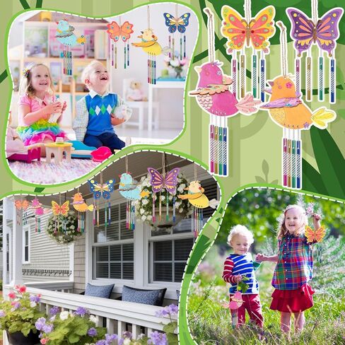 16 Pack DIY Wind Chime Kit for Kids 5.9'' Wooden Bird Butterfly Wind Chime Set with Paint Kit Rhinestone Glitter Heart Stickers Wooden DIY Arts for Crafts Spring Vbs Party School Birthday in Saudi Arabia