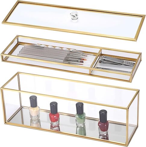 JUXYES Glass Nail Polish Set Storage Box with Tray and Lid, Double Tiers Personal Storage Box Organizer with Mirrored Bottom for Nail Polish Tweezer Manicure Tools Nail Art Accessories Tools Supplies in Saudi Arabia