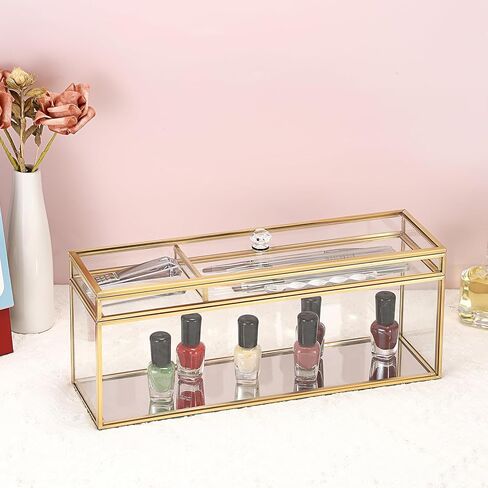 JUXYES Glass Nail Polish Set Storage Box with Tray and Lid, Double Tiers Personal Storage Box Organizer with Mirrored Bottom for Nail Polish Tweezer Manicure Tools Nail Art Accessories Tools Supplies in Saudi Arabia