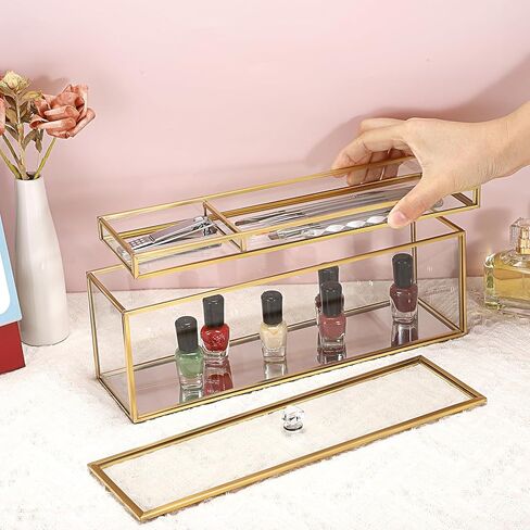 JUXYES Glass Nail Polish Set Storage Box with Tray and Lid, Double Tiers Personal Storage Box Organizer with Mirrored Bottom for Nail Polish Tweezer Manicure Tools Nail Art Accessories Tools Supplies in Saudi Arabia