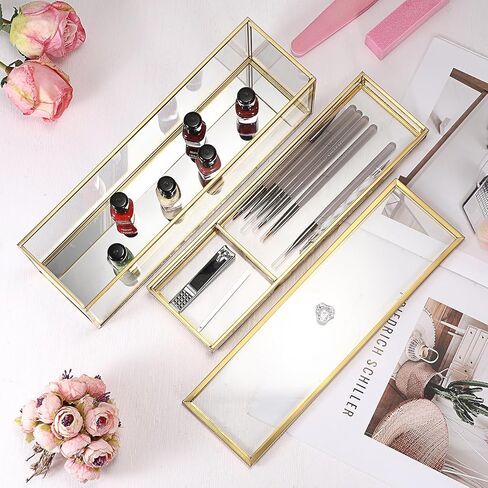 JUXYES Glass Nail Polish Set Storage Box with Tray and Lid, Double Tiers Personal Storage Box Organizer with Mirrored Bottom for Nail Polish Tweezer Manicure Tools Nail Art Accessories Tools Supplies in Saudi Arabia