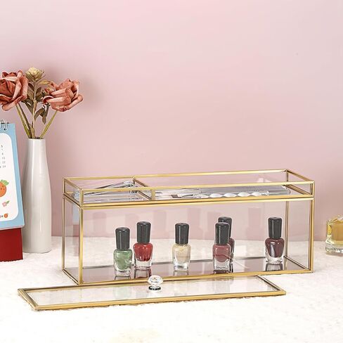 JUXYES Glass Nail Polish Set Storage Box with Tray and Lid, Double Tiers Personal Storage Box Organizer with Mirrored Bottom for Nail Polish Tweezer Manicure Tools Nail Art Accessories Tools Supplies in Saudi Arabia
