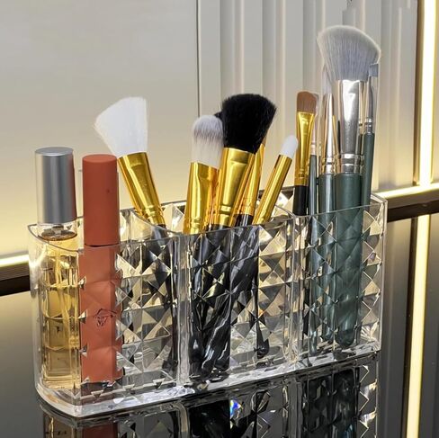 3 Compartment Cosmetic Acrylic Brushes Storage,Makeup Brush Holder Organizer for Makeup Brushes,Eyebrow Pencils,Lipsticks,Nail Polishes, and More in Saudi Arabia