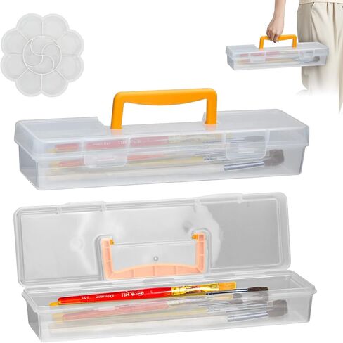 حقيبة فرشاة طلاء من WRENYZK مكونة من قطعتين، حاوية فرشاة طلاء بلاستيكية شفافة بمقبض أصفر، صندوق تخزين أدوات الرسم مع لوحة، منظم إمداد فني عملي للحرفيين الفنانين in Kuwait