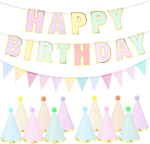26 Pcs Pastel Birthday Party Hats for Kids Include Pastel Happy Birthday Signs Banner Pennant Flags Macaron Party Hats Decorations Pre Assembled for Kids Adults Girl Women in Kuwait