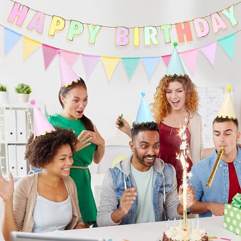 26 Pcs Pastel Birthday Party Hats for Kids Include Pastel Happy Birthday Signs Banner Pennant Flags Macaron Party Hats Decorations Pre Assembled for Kids Adults Girl Women in Kuwait