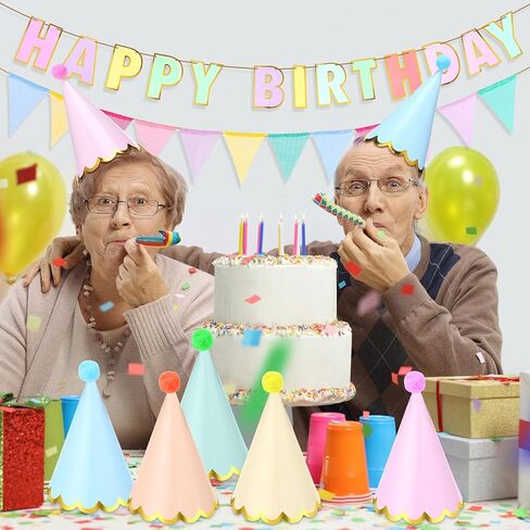 26 Pcs Pastel Birthday Party Hats for Kids Include Pastel Happy Birthday Signs Banner Pennant Flags Macaron Party Hats Decorations Pre Assembled for Kids Adults Girl Women in Kuwait