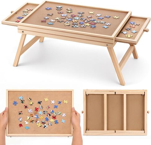 Small Puzzle Board with Legs 16.5 x 13 Inch Portable Puzzle Table with 2 Drawers Wooden Jigsaw Game Board Suitable for Personal in Saudi Arabia