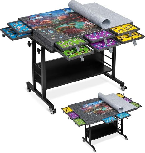 Tektalk 2000 Piece Foldable Felt Jigsaw Puzzle Board with Height Adjustment, Puzzle Table with 2 Felt Cover & 8 Sorting Trays/Drawers, Easel with Legs, Enclosed with 4 Roller Wheels (Dark Gray) in Saudi Arabia