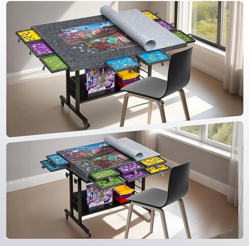 Tektalk 2000 Piece Foldable Felt Jigsaw Puzzle Board with Height Adjustment, Puzzle Table with 2 Felt Cover & 8 Sorting Trays/Drawers, Easel with Legs, Enclosed with 4 Roller Wheels (Dark Gray) in Saudi Arabia