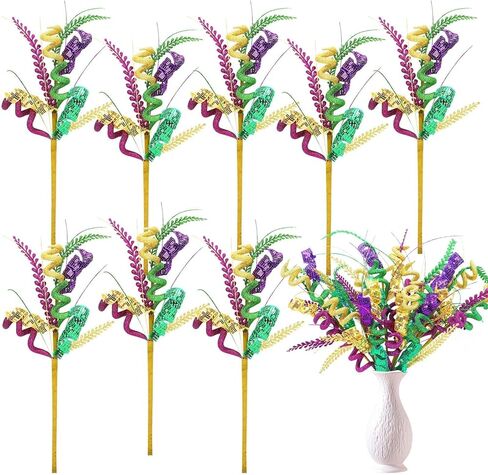 JULBEAR 8 Pcs Mardi Gras Decorations Picks Centerpieces for Tables, Purple Green Gold Mardi Gras Floral Picks and Sprays for Vase Filler Artificial Twig Branch Wreath Party Decor in Saudi Arabia