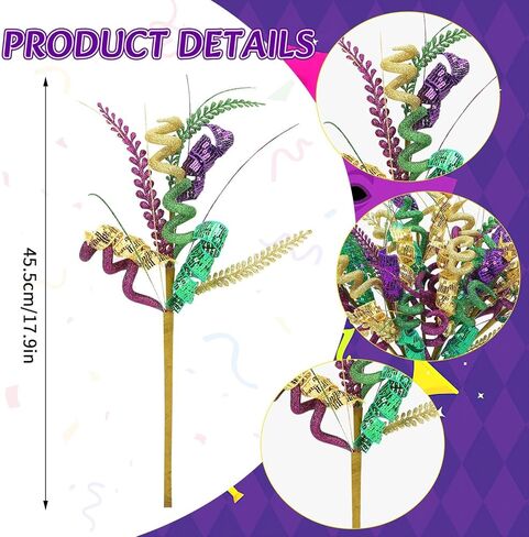 JULBEAR 8 Pcs Mardi Gras Decorations Picks Centerpieces for Tables, Purple Green Gold Mardi Gras Floral Picks and Sprays for Vase Filler Artificial Twig Branch Wreath Party Decor in Saudi Arabia