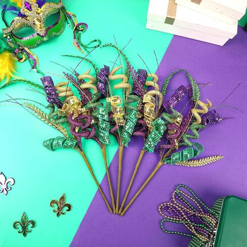 JULBEAR 8 Pcs Mardi Gras Decorations Picks Centerpieces for Tables, Purple Green Gold Mardi Gras Floral Picks and Sprays for Vase Filler Artificial Twig Branch Wreath Party Decor in Saudi Arabia