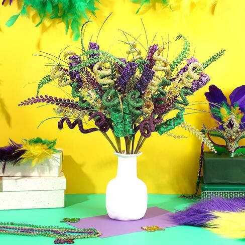 JULBEAR 8 Pcs Mardi Gras Decorations Picks Centerpieces for Tables, Purple Green Gold Mardi Gras Floral Picks and Sprays for Vase Filler Artificial Twig Branch Wreath Party Decor in Saudi Arabia