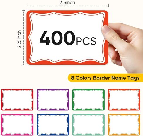 3.5x2.25 inch Name Tags Sticker, 400 Pcs Blank Name Labels Stickers, 8 Colors Wavy Border Nametags Name Tag Stickers for Kids, Classroom, School, Office, Conferences, Locker, School Supplies in Kuwait