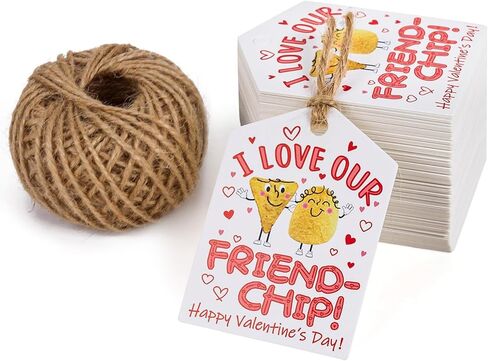 WRAPAHOLIC Kids Valentines Day Gift Tags with String - 100PCS Friend-Chip Paper Tags with 100 Feet Natural Jute Twine for Valentines Day Gifts Decoration - 2 x 2.7 Inch in Saudi Arabia