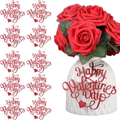 10 Pcs Happy Valentines Day Decorations Centerpieces Valentines Day Red Glitter Cutouts Banner Jar Tags Vase Tags Gift with Burlap Rope for Wedding Anniversary Proposal Decor in Saudi Arabia