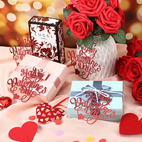 10 Pcs Happy Valentines Day Decorations Centerpieces Valentines Day Red Glitter Cutouts Banner Jar Tags Vase Tags Gift with Burlap Rope for Wedding Anniversary Proposal Decor in Saudi Arabia
