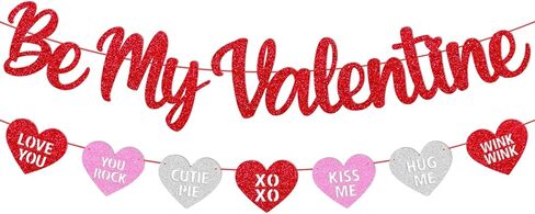 Be My Valentine Banner Glitter Red Pink Heart Garland Happy Valentine's Day Party Decoration Pre-Assembled Romantic Valentine Party Supplies in Kuwait