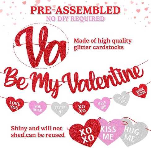Be My Valentine Banner Glitter Red Pink Heart Garland Happy Valentine's Day Party Decoration Pre-Assembled Romantic Valentine Party Supplies in Kuwait