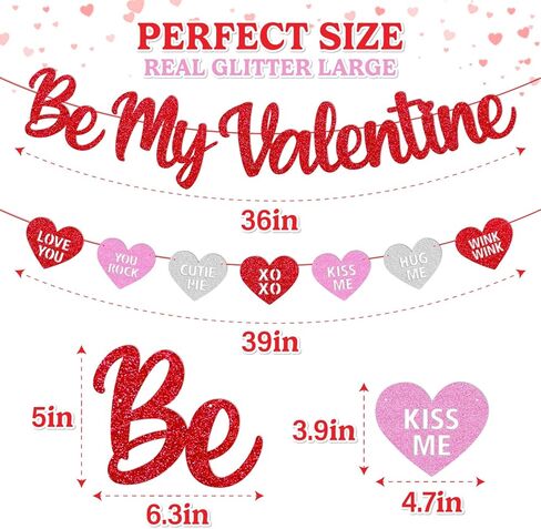 Be My Valentine Banner Glitter Red Pink Heart Garland Happy Valentine's Day Party Decoration Pre-Assembled Romantic Valentine Party Supplies in Kuwait