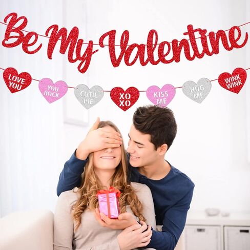 Be My Valentine Banner Glitter Red Pink Heart Garland Happy Valentine's Day Party Decoration Pre-Assembled Romantic Valentine Party Supplies in Kuwait