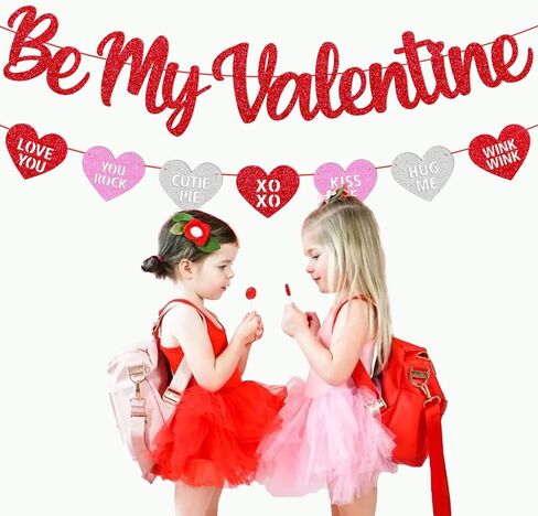 Be My Valentine Banner Glitter Red Pink Heart Garland Happy Valentine's Day Party Decoration Pre-Assembled Romantic Valentine Party Supplies in Kuwait