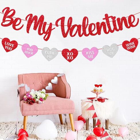 Be My Valentine Banner Glitter Red Pink Heart Garland Happy Valentine's Day Party Decoration Pre-Assembled Romantic Valentine Party Supplies in Kuwait