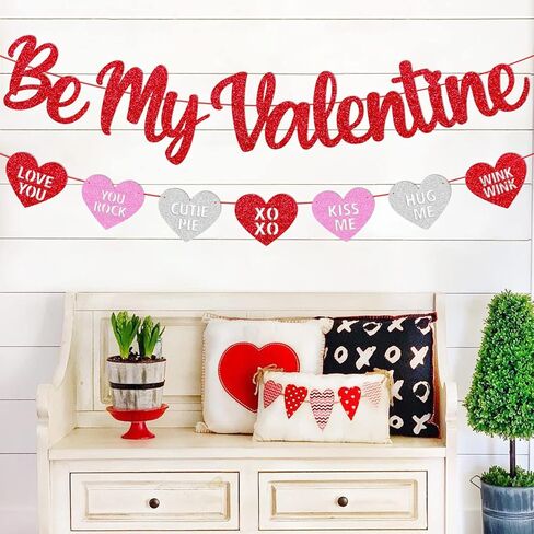 Be My Valentine Banner Glitter Red Pink Heart Garland Happy Valentine's Day Party Decoration Pre-Assembled Romantic Valentine Party Supplies in Kuwait