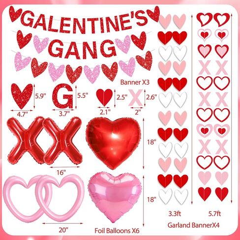 Galentines Day Decorations for Party Set Galentines Gang Banner Red Pink Heart Garland Banners X Letters & Pink Heart Foil Balloons for Galentine's Valentine's Day Decorations in Saudi Arabia