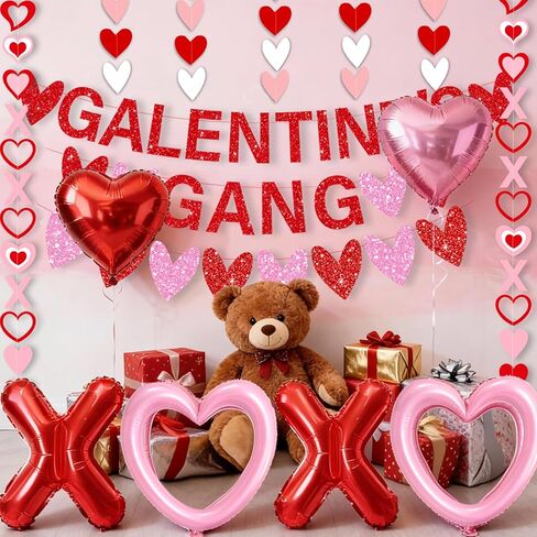 Galentines Day Decorations for Party Set Galentines Gang Banner Red Pink Heart Garland Banners X Letters & Pink Heart Foil Balloons for Galentine's Valentine's Day Decorations in Saudi Arabia